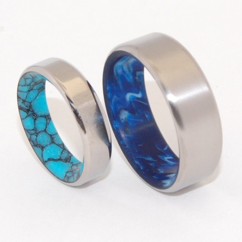 Lake & Swirling Sea | Turquoise Stone And Blue Vintage Resin - Unique Wedding Rings - Minter and Richter Designs