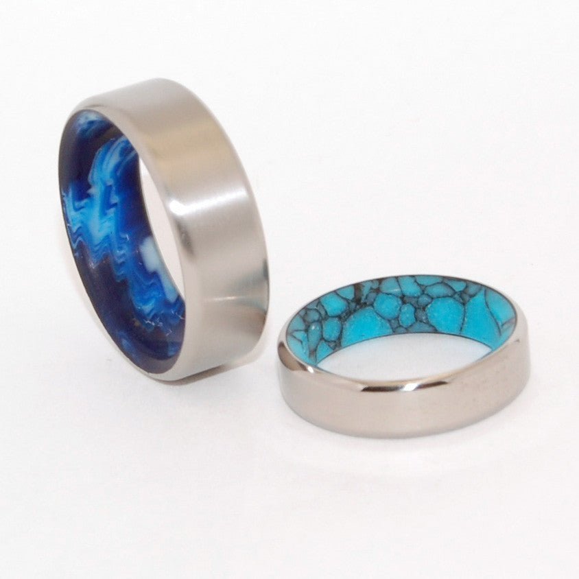 Lake & Swirling Sea | Turquoise Stone And Blue Vintage Resin - Unique Wedding Rings - Minter and Richter Designs