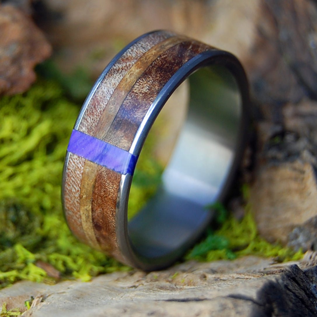LAND OF PLENTY | Men's Charoite Stone, Maple Burl, Dark Maple & Golden Box Elder Wood & Titanium Wedding Ring - Minter and Richter Designs