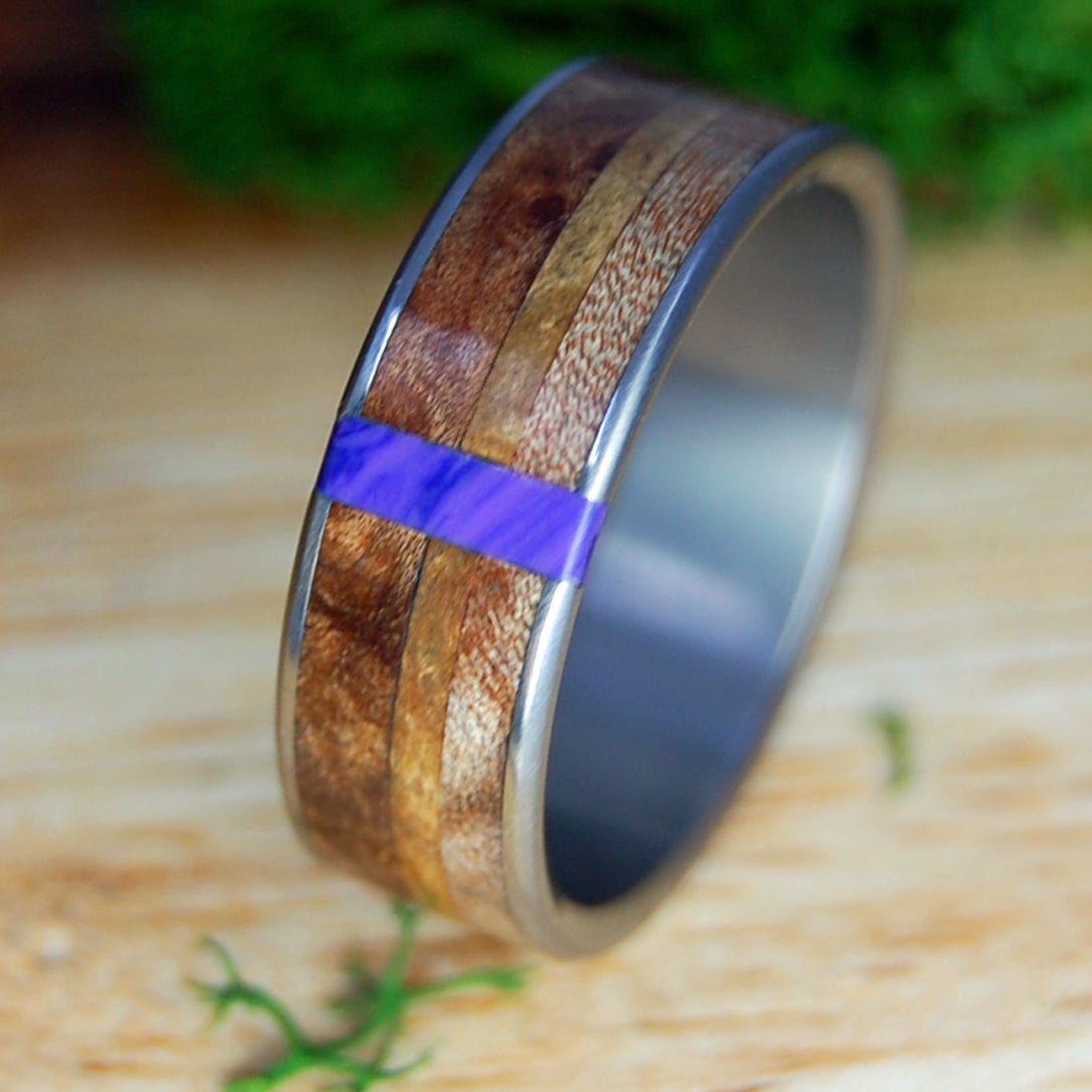 LAND OF PLENTY | Men's Charoite Stone, Maple Burl, Dark Maple & Golden Box Elder Wood & Titanium Wedding Ring - Minter and Richter Designs
