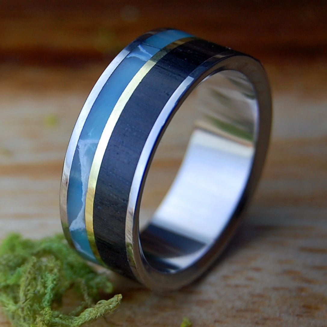 LARIMAR BRASS BOG | Men's Larimar Stone, Scottish Bog Oak, Brass & Titanium Wedding Ring - Minter and Richter Designs