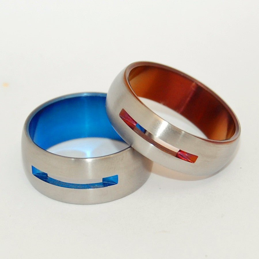 Let Love Shine Through | Bronze & Blue Anodized Titanium Wedding Rings - Minter and Richter Designs