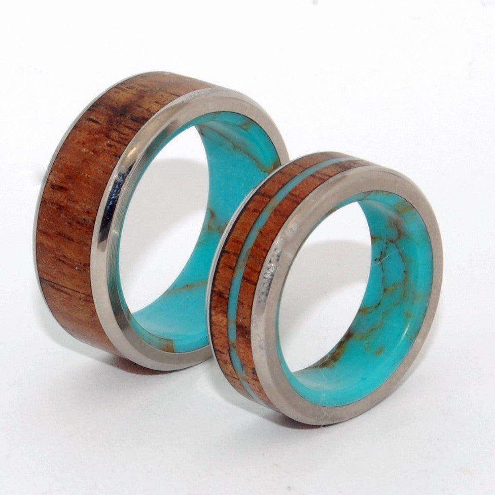 Let There Be Gold | Gold Webbed Turquoise Stone, Hawaiian Koa Wood & Titanium - Unique Wedding Rings - Minter and Richter Designs