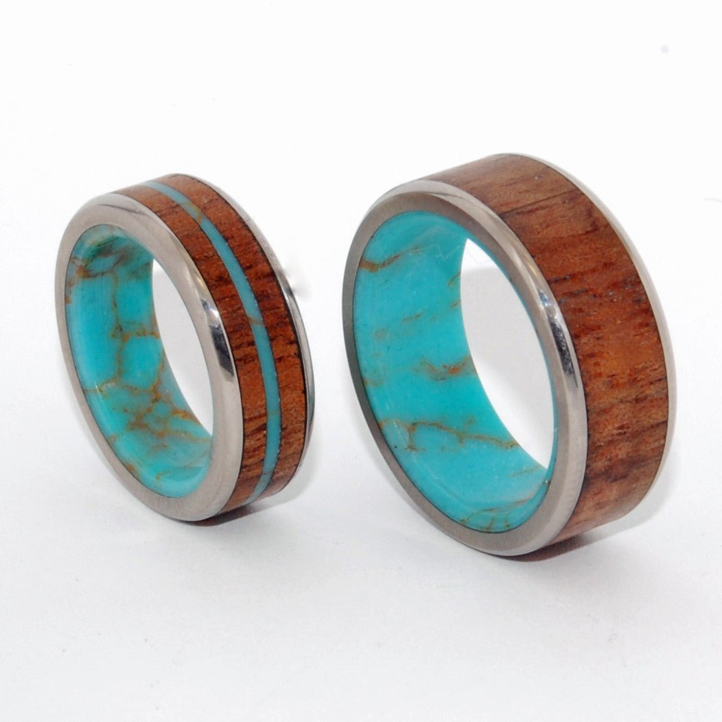 Let There Be Gold | Gold Webbed Turquoise Stone, Hawaiian Koa Wood & Titanium - Unique Wedding Rings - Minter and Richter Designs