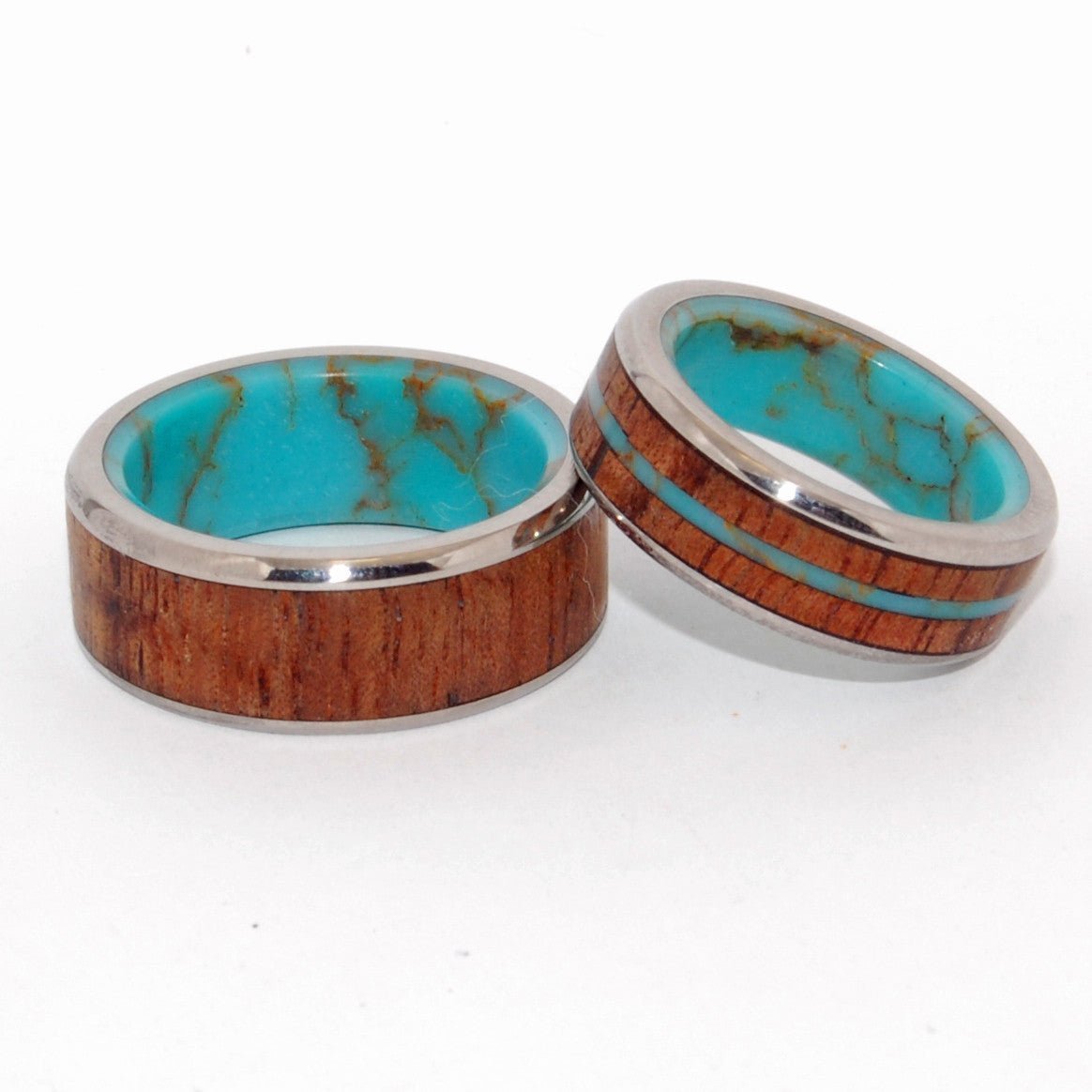 Let There Be Gold | Gold Webbed Turquoise Stone, Hawaiian Koa Wood & Titanium - Unique Wedding Rings - Minter and Richter Designs