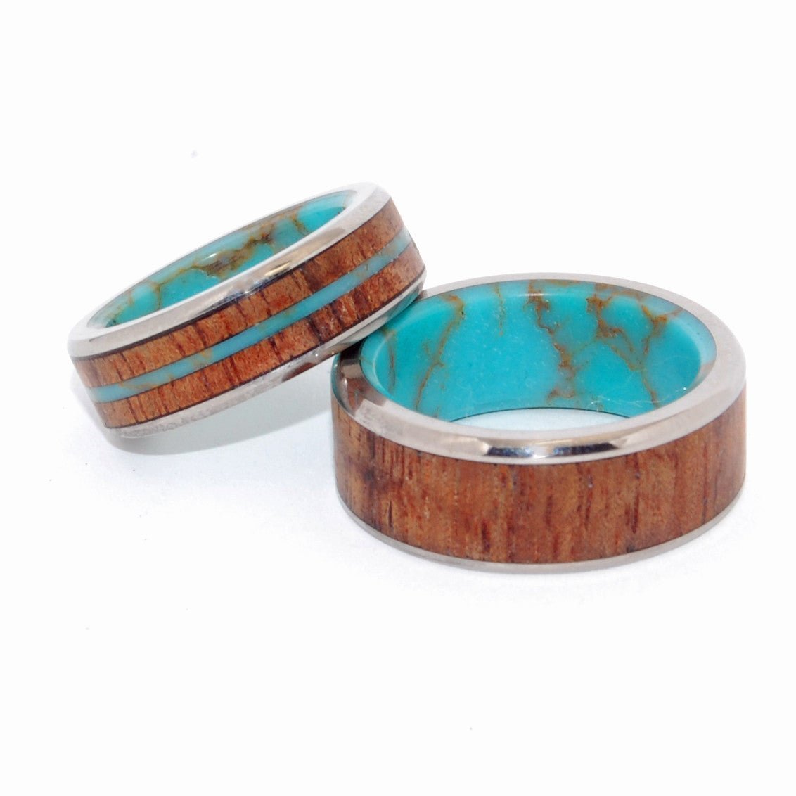 Let There Be Gold | Gold Webbed Turquoise Stone, Hawaiian Koa Wood & Titanium - Unique Wedding Rings - Minter and Richter Designs