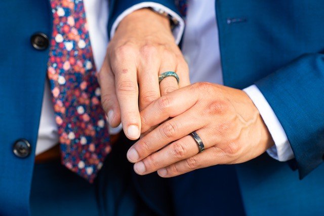 LIGHT AND DARK REFLECTION SET | Blue Box Elder Wood & Titanium - Unique Wedding Rings - Wedding Rings Set - Minter and Richter Designs
