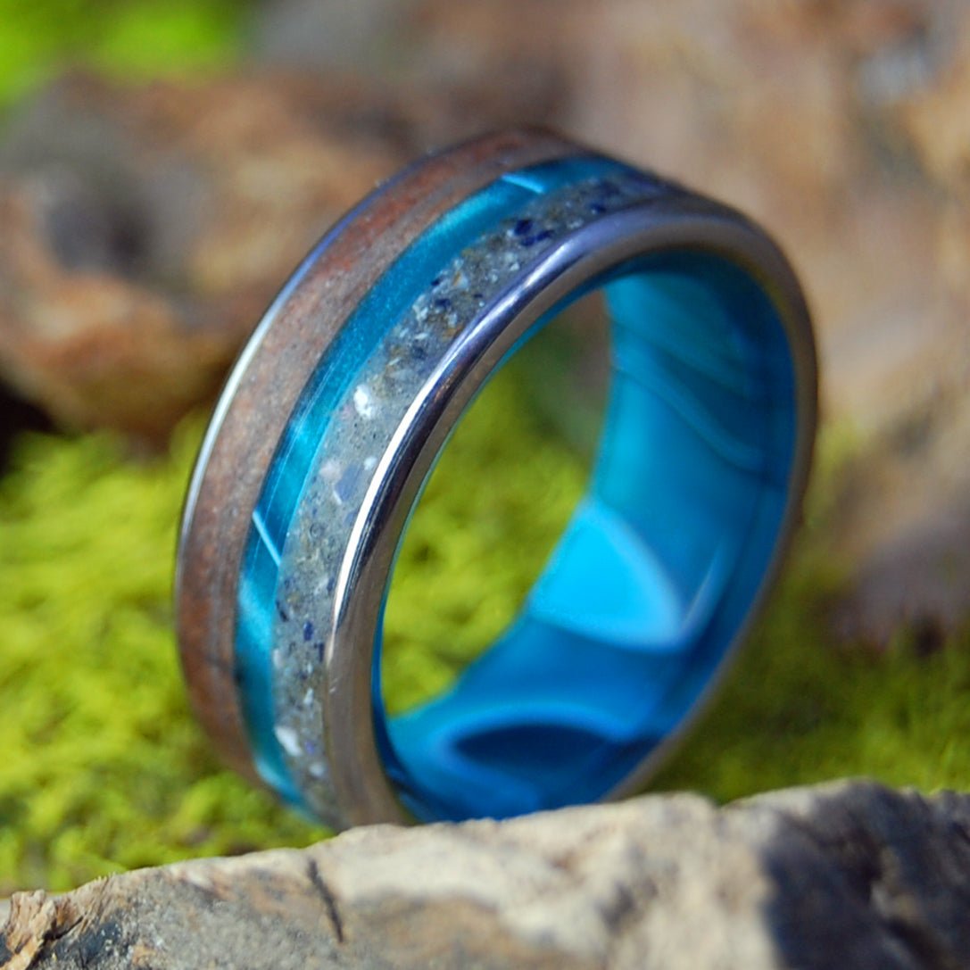 LOVE BAY TO BAY | Aquatic Blue Resin & CA RedWood, Hawkes Bay New Zealand Sand - Beach Sand Ring - Wooden Wedding Ring - Minter and Richter Designs