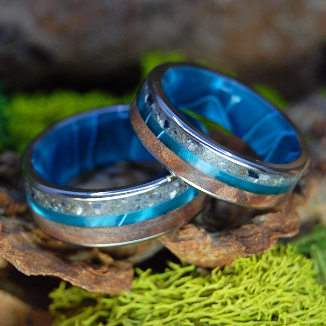 LOVE BAY TO BAY| Aquatic Blue Resin & CA RedWood, Hawkes Bay New Zealand Sand - His & Hers Wedding Band Set - Wooden Wedding Rings - Minter and Richter Designs