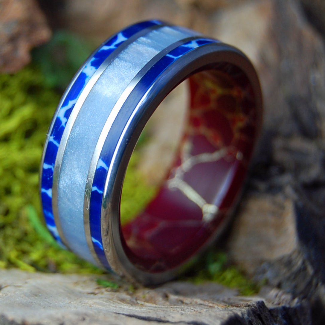 LOVE IN REVERE | Gray Marbled Resin, Cobalt, Jasper & Titanium - Unique Wedding Ring - Minter and Richter Designs