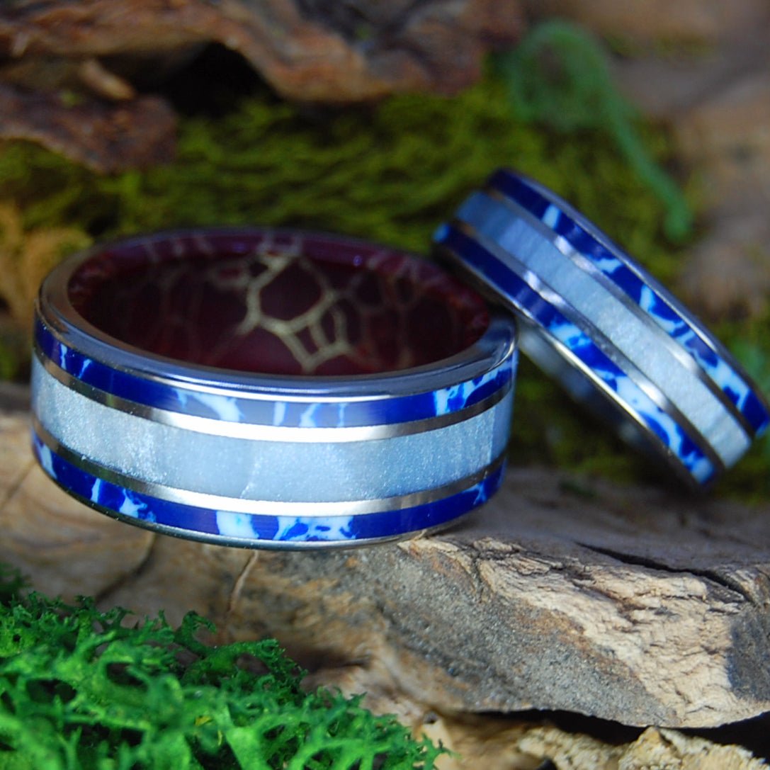LOVE IN REVERE | Gray Marbled Resin, Cobalt, Jasper & Titanium - Unique Wedding Rings - Minter and Richter Designs