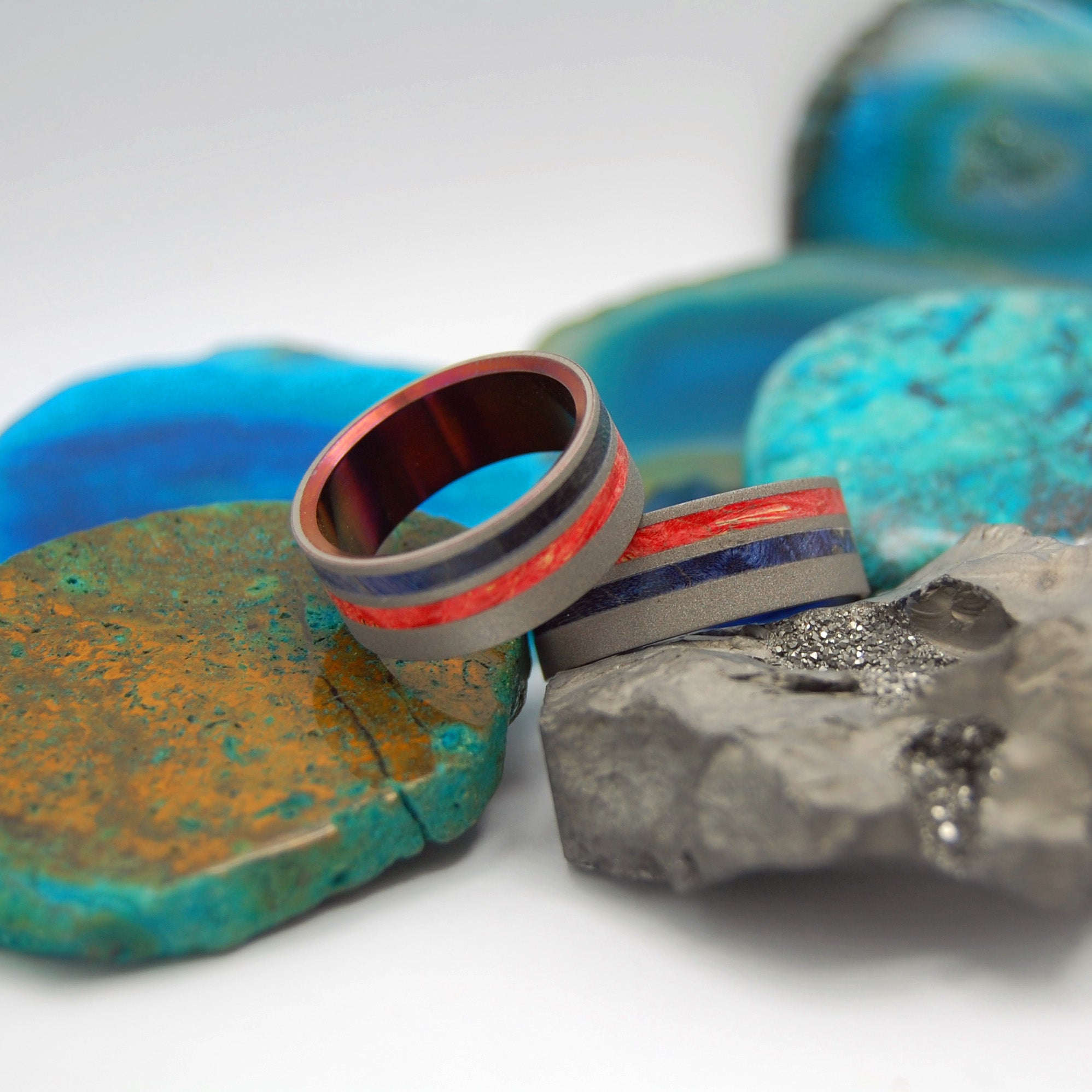Love Pride | Red & Blue Box Elder Wood & Titanium Wedding Ring Set - Minter and Richter Designs