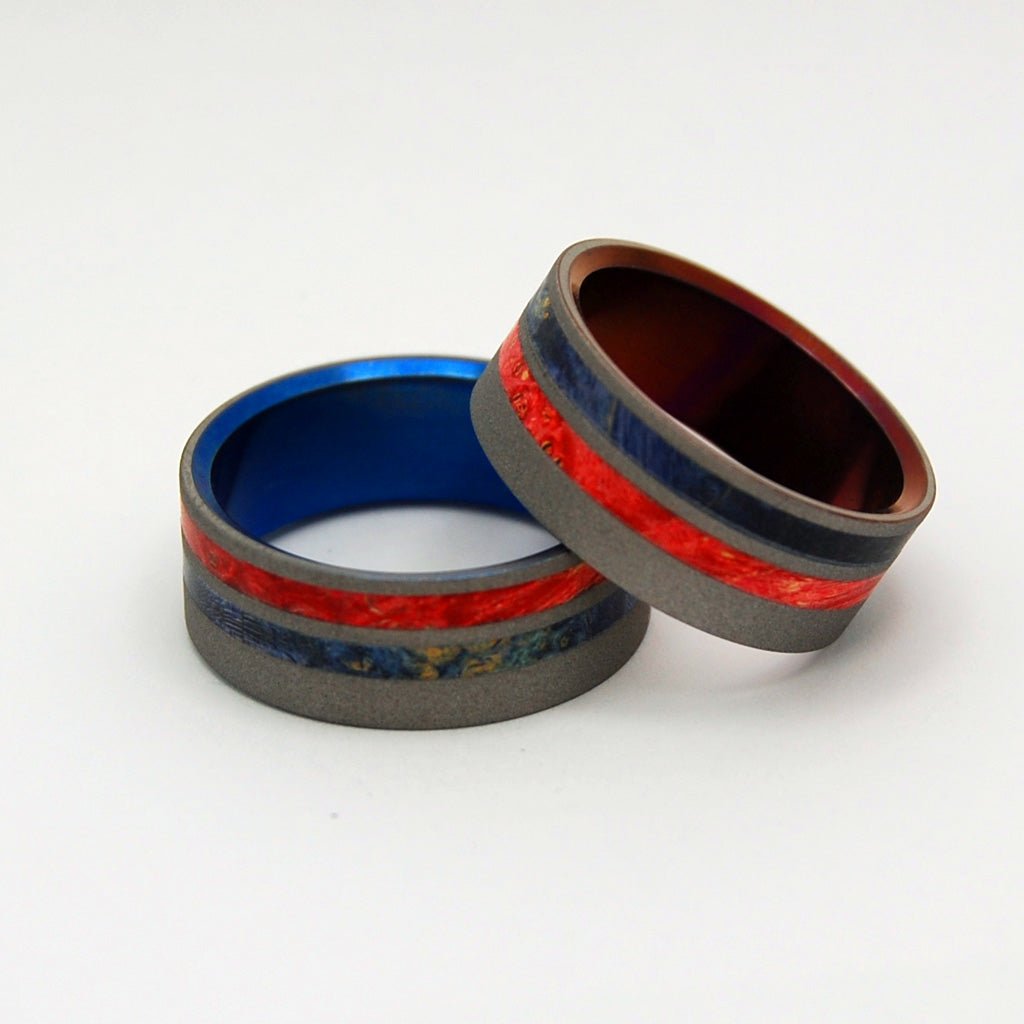 Love Pride | Red & Blue Box Elder Wood & Titanium Wedding Ring Set - Minter and Richter Designs