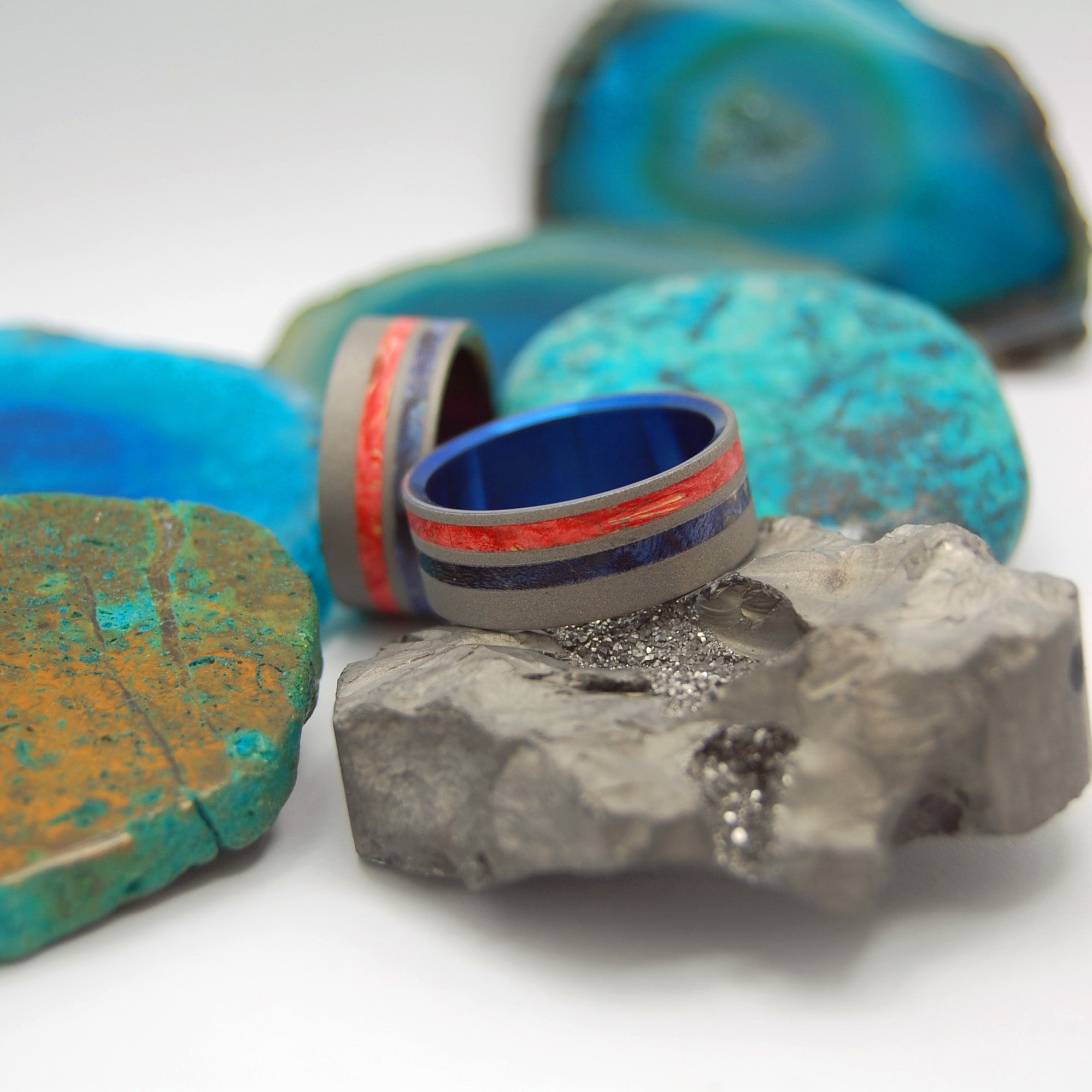 Love Pride | Red & Blue Box Elder Wood & Titanium Wedding Ring Set - Minter and Richter Designs