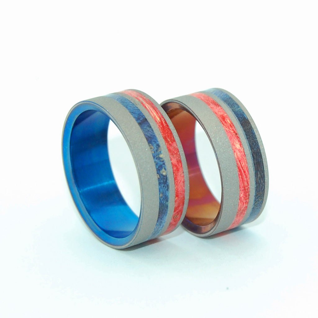 Love Pride | Red & Blue Box Elder Wood & Titanium Wedding Ring Set - Minter and Richter Designs