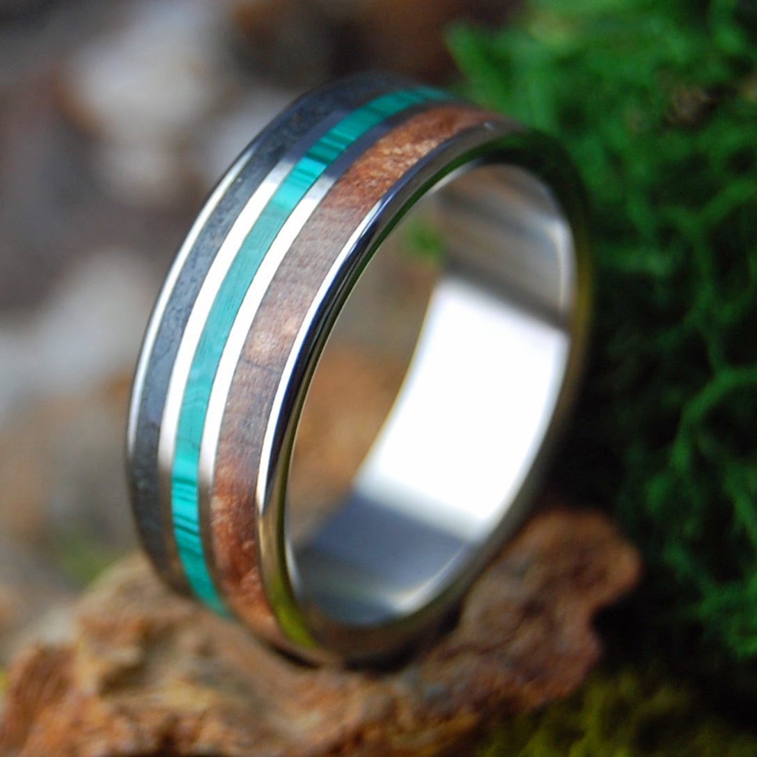 MALACHITE UNITES OR & CA | Malachite Stone, Oregon Lava, CA Redwood & Titanium Wedding Ring - Minter and Richter Designs