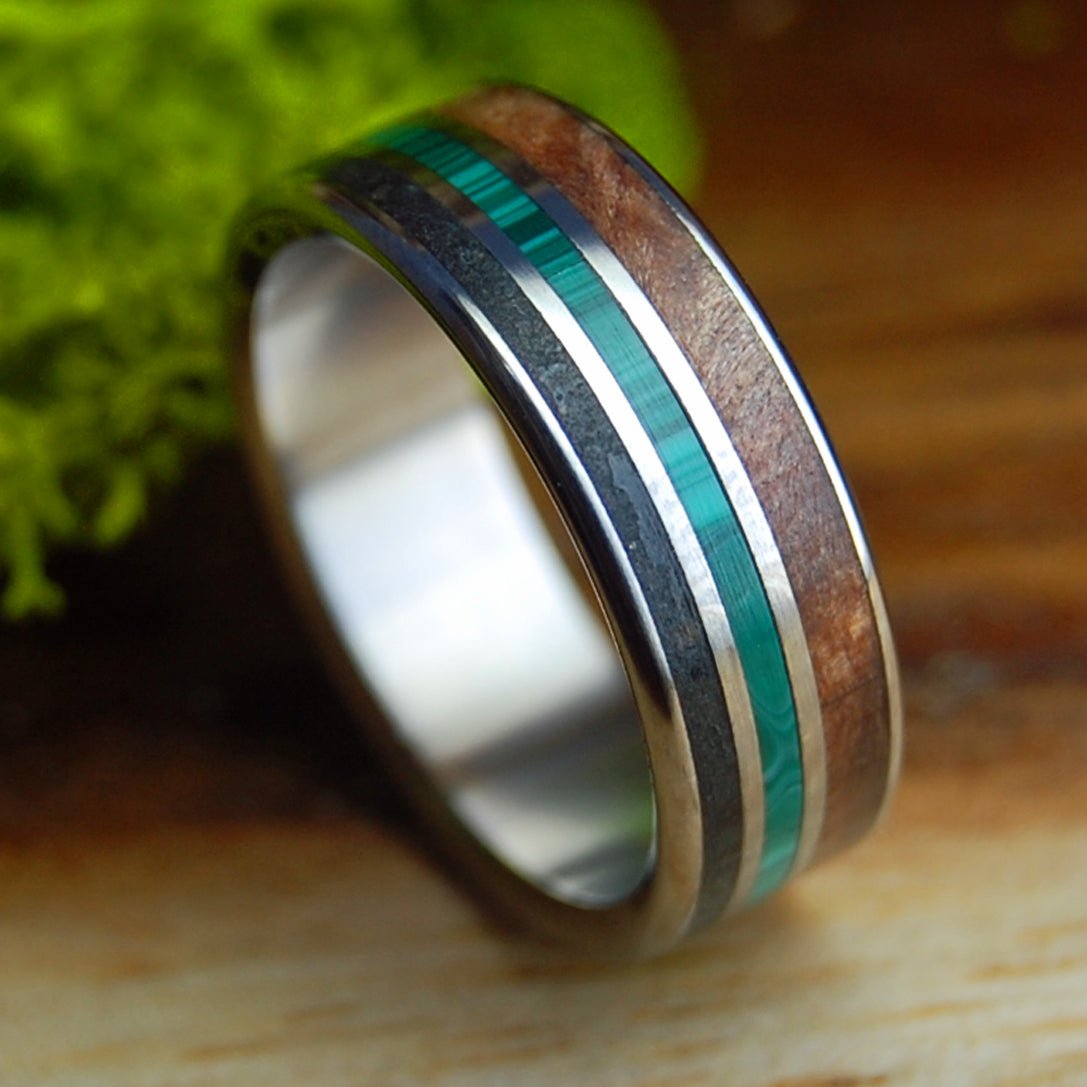 MALACHITE UNITES OR & CA | Malachite Stone, Oregon Lava, CA Redwood & Titanium Wedding Ring - Minter and Richter Designs