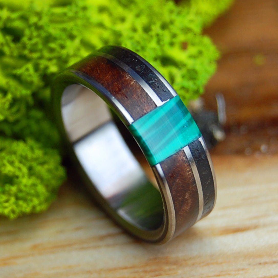 MALACHITE UNITES OR & CA VERTICAL | Malachite Stone, Oregon Lava, CA Redwood & Titanium Wedding Ring - Minter and Richter Designs