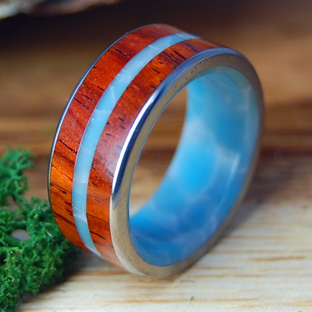 MAN FROM THE SEA | Size 10 At 9.5mm | Cocobolo Wood & Dominican Larimar | Unique Wedding Band | On Sale - Minter and Richter Designs