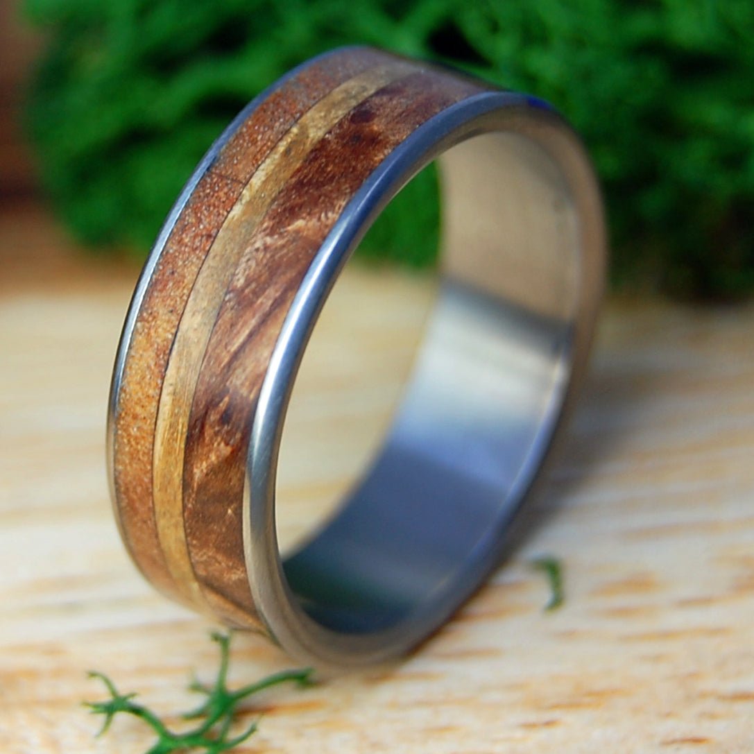 MAPLE GOLDEN BURL | Men's Maple Burl, Dark Maple & Golden Box Elder Wood & Titanium Wedding Ring - Minter and Richter Designs