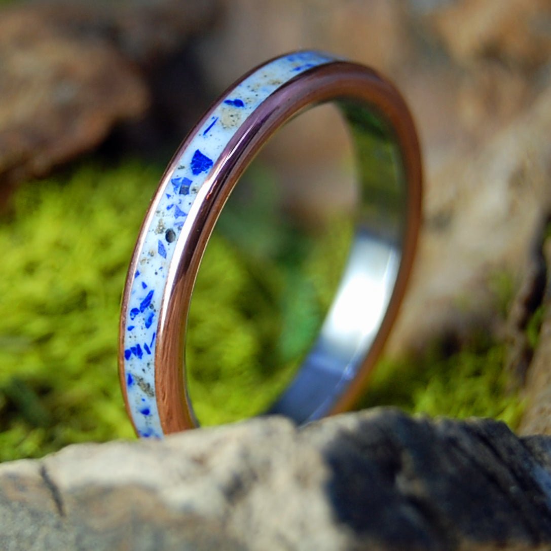 Matera Italy Sodalite | Men's Italian Crushed Stones, Crushed Sodalite, Copper & Titanium Wedding Ring - Minter and Richter Designs