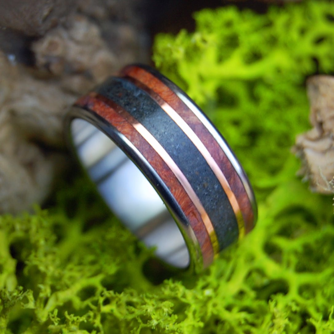 MEET ME AT GODAFOSS I | Men's Amboyna Burl, Icelandic Lava & Titanium Wedding Ring - Minter and Richter Designs