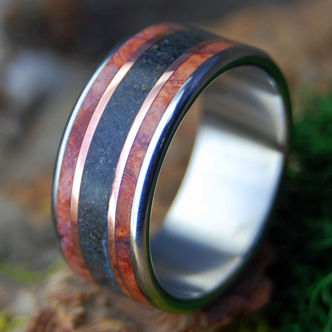 MEET ME AT GODAFOSS I | Men's Amboyna Burl, Icelandic Lava & Titanium Wedding Ring - Minter and Richter Designs