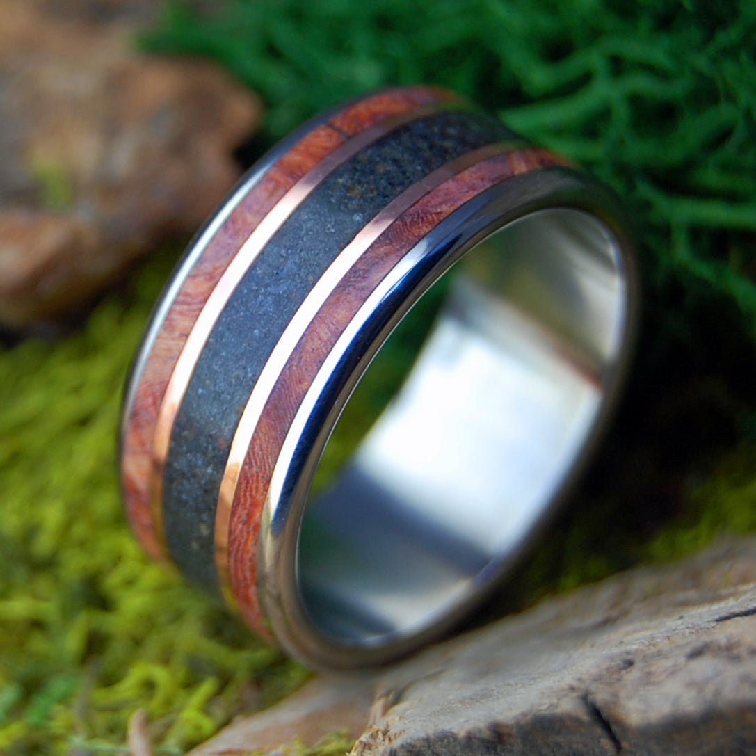 MEET ME AT GODAFOSS I | Men's Amboyna Burl, Icelandic Lava & Titanium Wedding Ring - Minter and Richter Designs