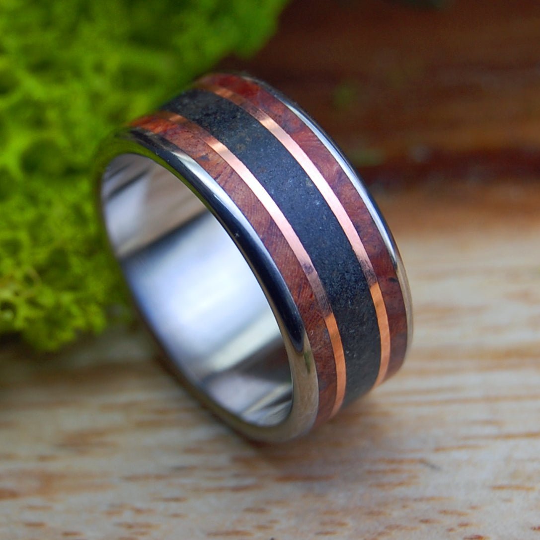 MEET ME AT GODAFOSS I | Men's Amboyna Burl, Icelandic Lava & Titanium Wedding Ring - Minter and Richter Designs