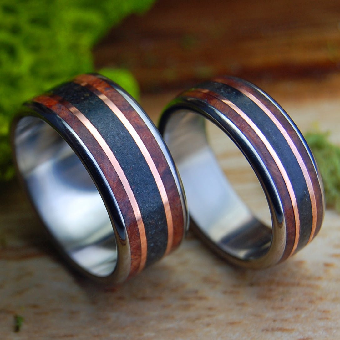 MEET ME AT GODAFOSS I SET | Amboyna Burl, Lava, Copper & Titanium Wedding Rings Set - Minter and Richter Designs