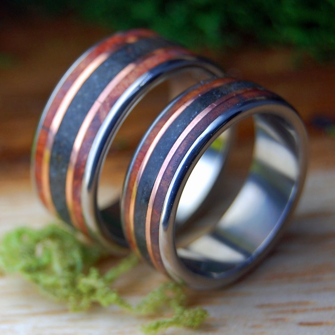 MEET ME AT GODAFOSS I SET | Amboyna Burl, Lava, Copper & Titanium Wedding Rings Set - Minter and Richter Designs
