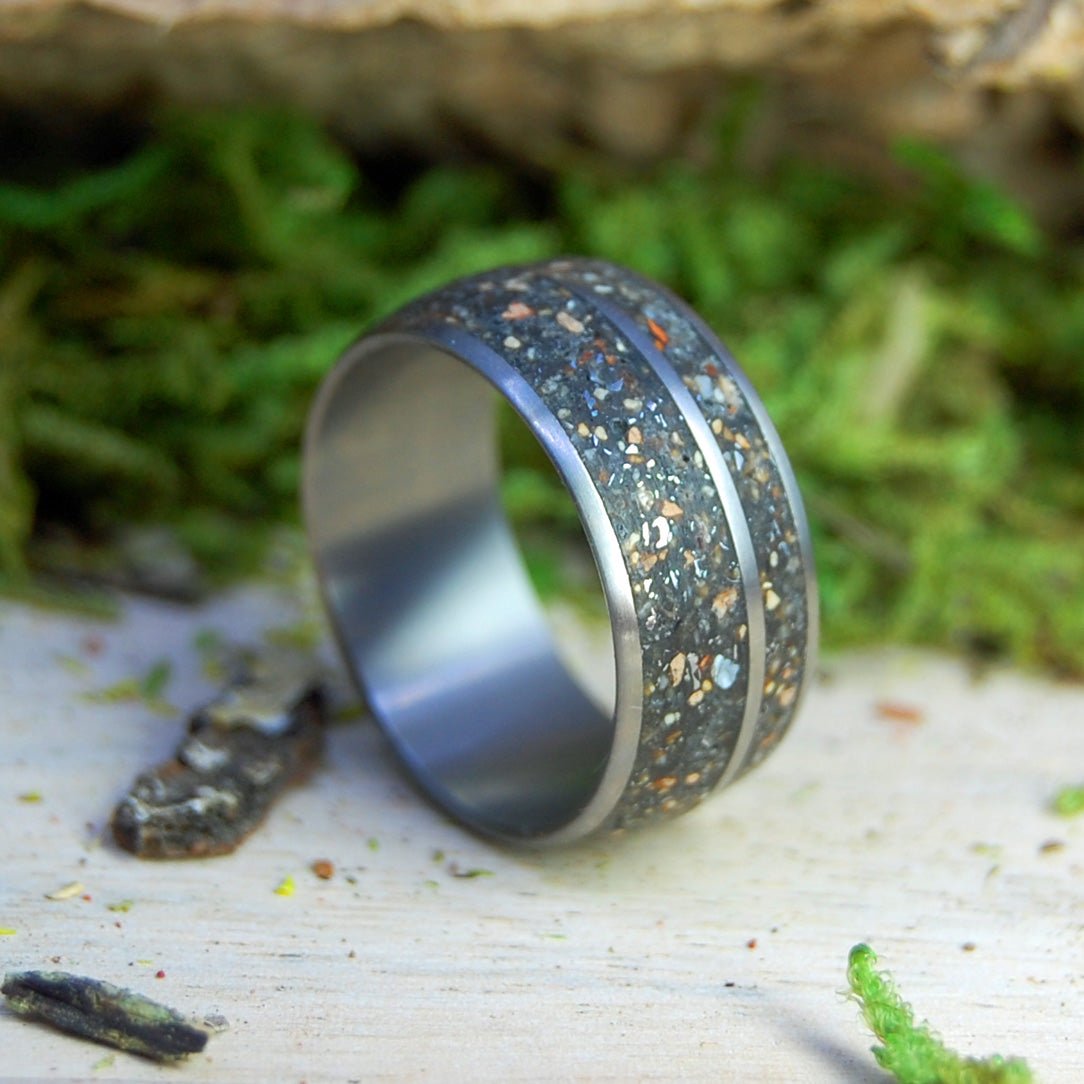 Meteorite Hits Fenway | Men's Meteorite, Kaanapali Maui Beach Sand, Fenway Park Pitcher Mound Dirt & Titanium Wedding Ring - Minter and Richter Designs