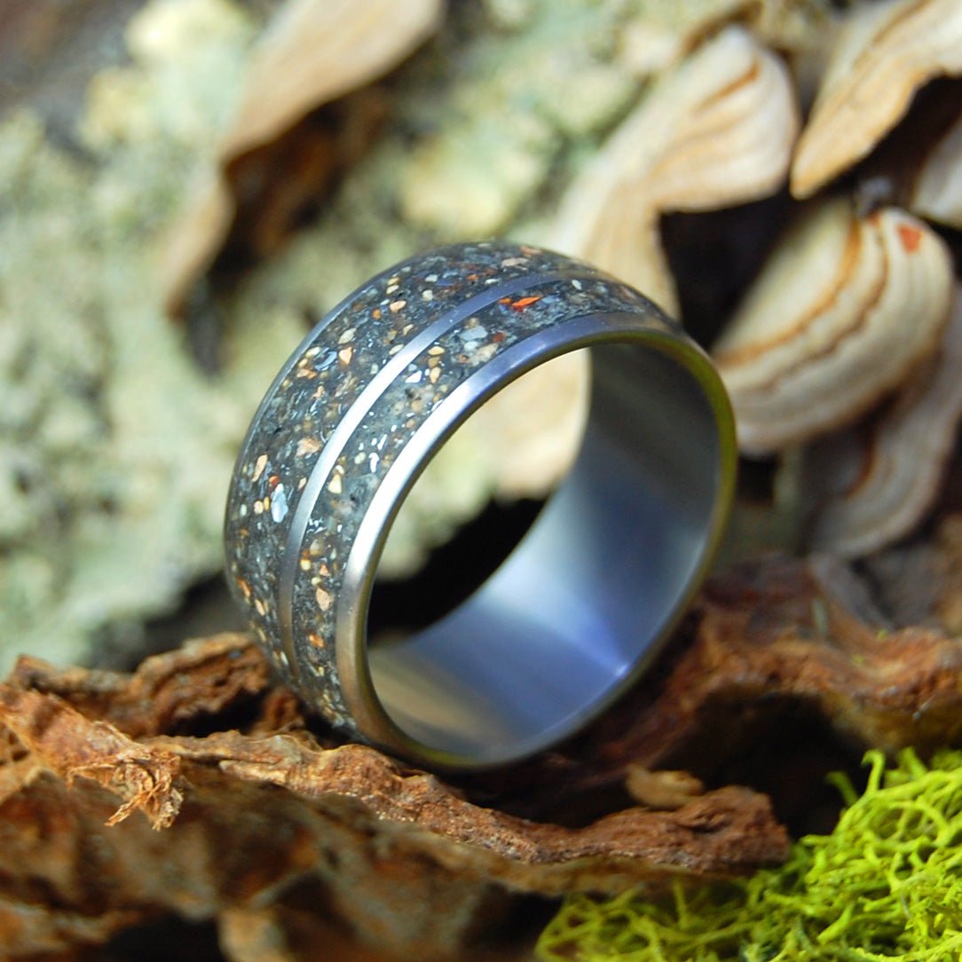 Meteorite Hits Fenway | Men's Meteorite, Kaanapali Maui Beach Sand, Fenway Park Pitcher Mound Dirt & Titanium Wedding Ring - Minter and Richter Designs