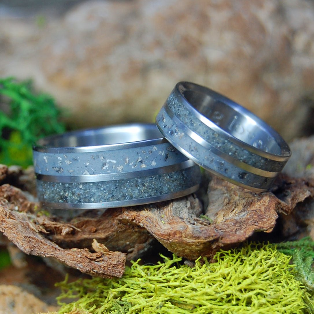Michigan to Alaska | Petoskey Stone and Alaskan Beach Sand - Unique Wedding Rings - Minter and Richter Designs