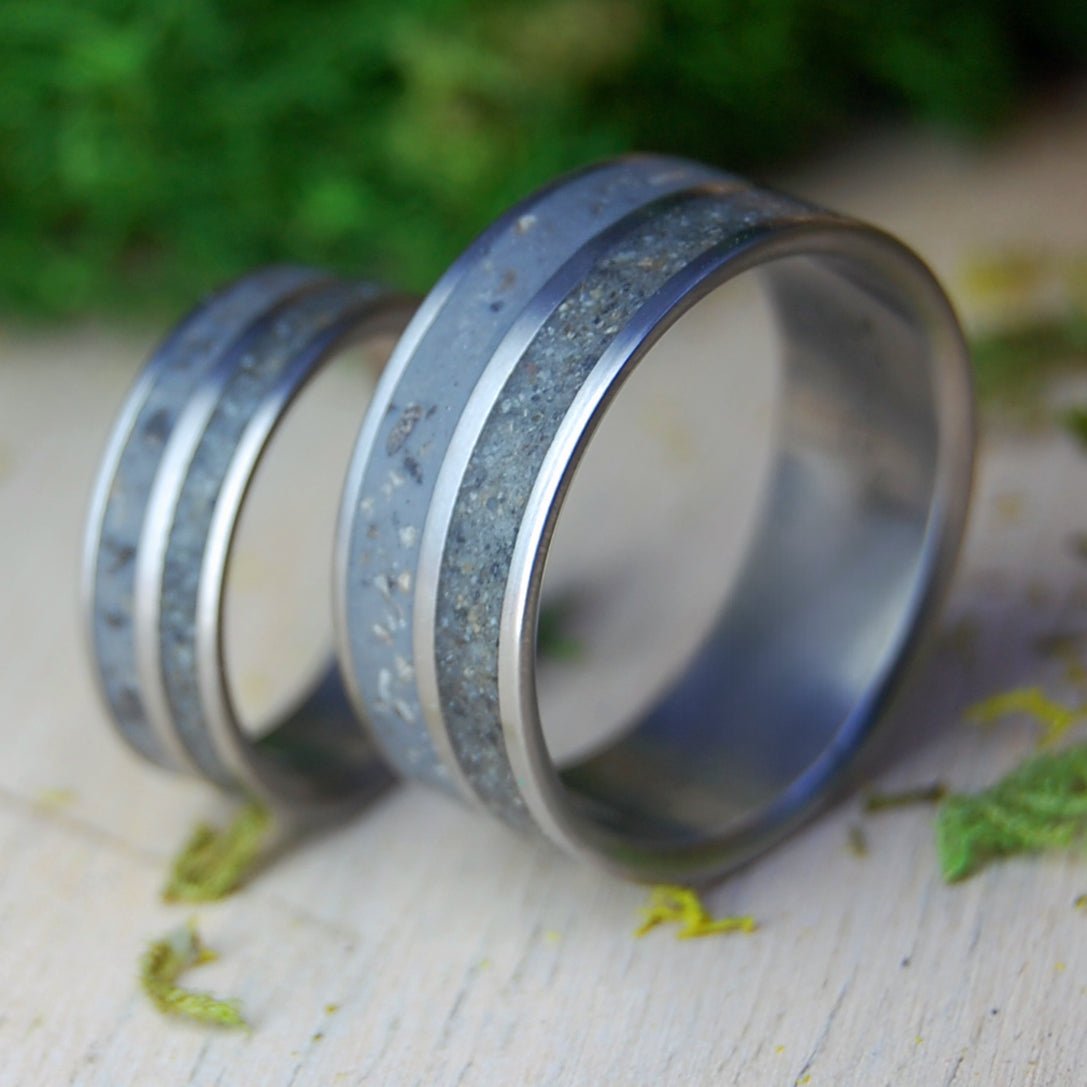 Michigan to Alaska | Petoskey Stone and Alaskan Beach Sand - Unique Wedding Rings - Minter and Richter Designs