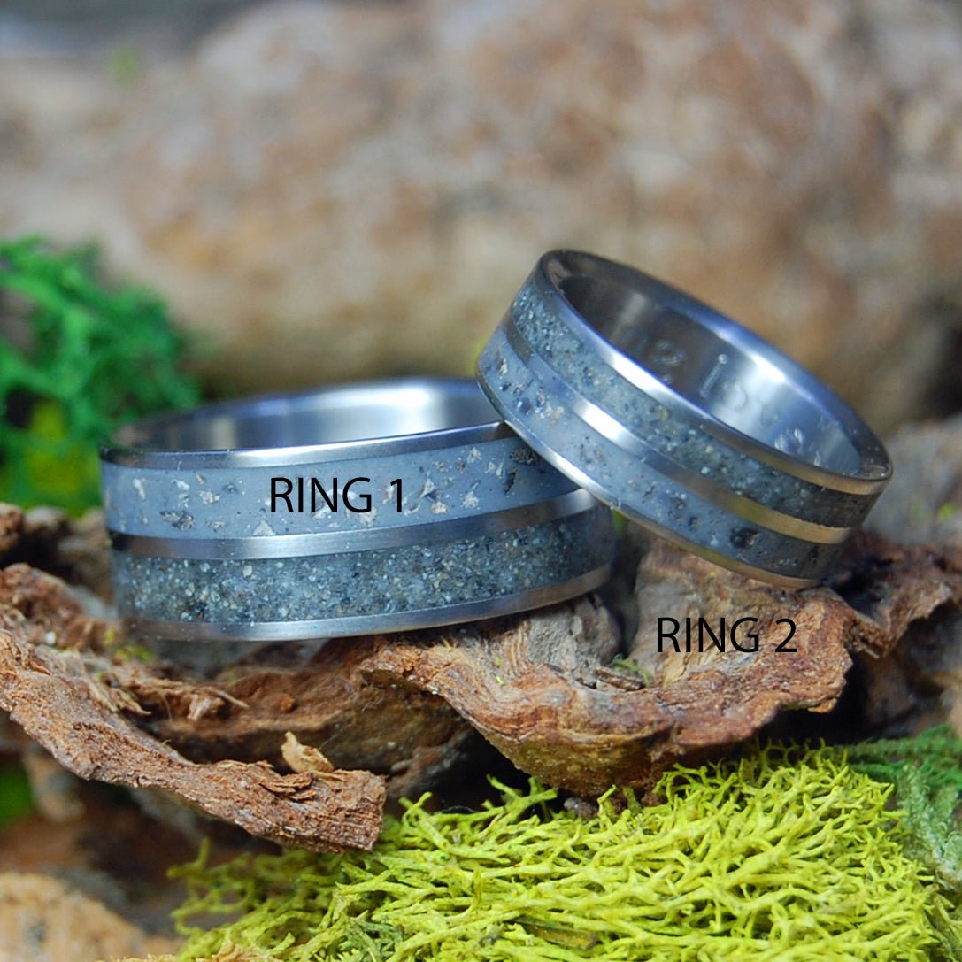 Michigan to Alaska | Petoskey Stone and Alaskan Beach Sand - Unique Wedding Rings - Minter and Richter Designs