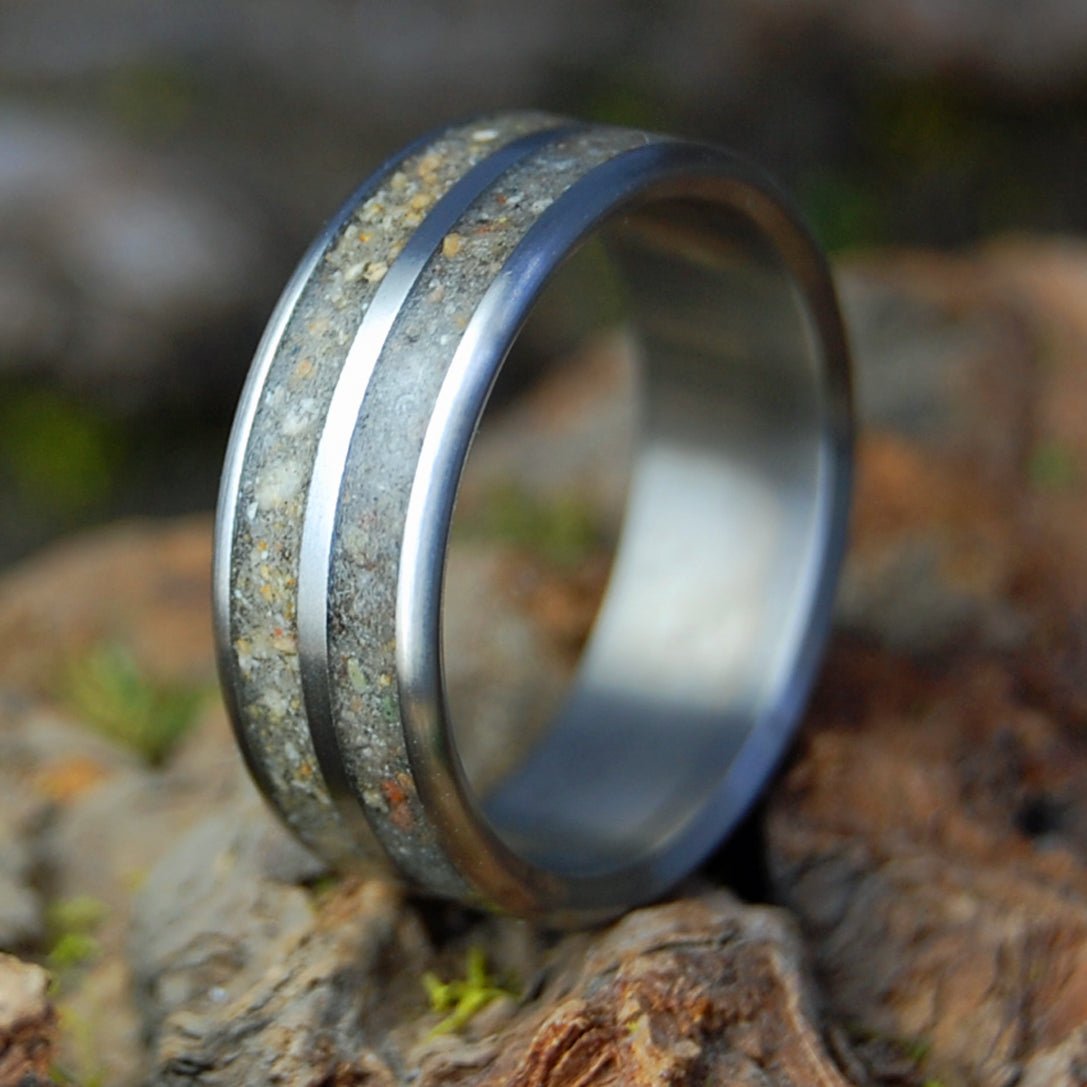 MICHIGAN TO PUERTO RICO | Men's Traverse City MI Beach Sand and Puerto Vallarta PR Sand & Titanium Wedding Ring - Minter and Richter Designs