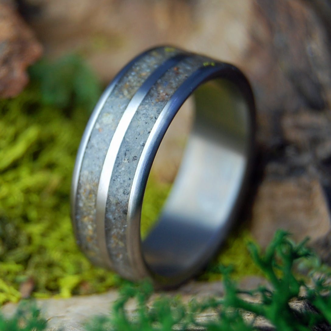 MICHIGAN TO PUERTO RICO | Men's Traverse City MI Beach Sand and Puerto Vallarta PR Sand & Titanium Wedding Ring - Minter and Richter Designs