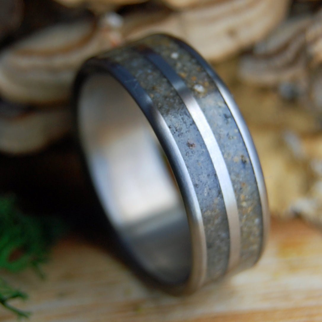 MICHIGAN TO PUERTO RICO | Men's Traverse City MI Beach Sand and Puerto Vallarta PR Sand & Titanium Wedding Ring - Minter and Richter Designs