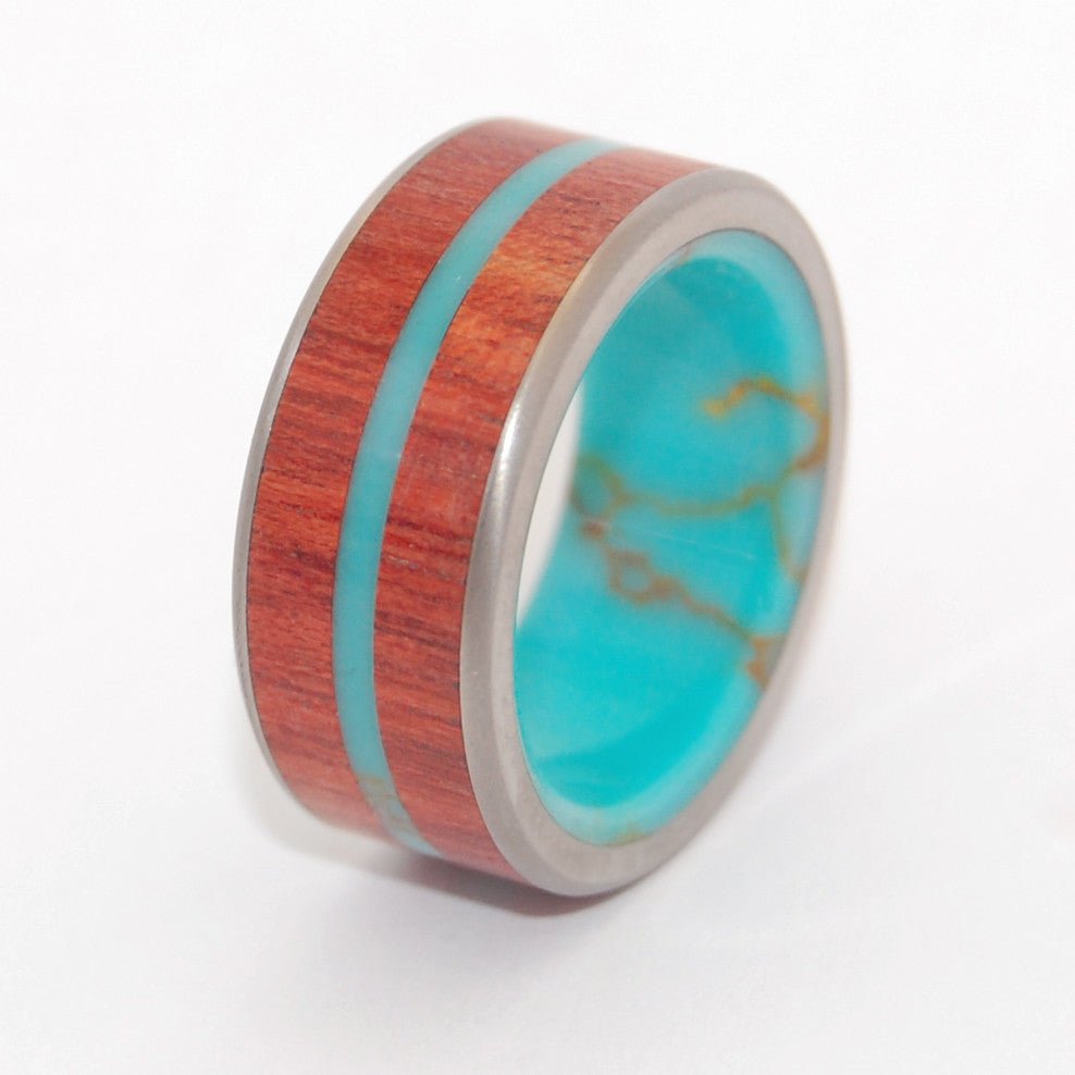 Midst Of The Waters | Men's Tibetan Turquoise, Blood Wood & Titanium Wedding Ring - Minter and Richter Designs