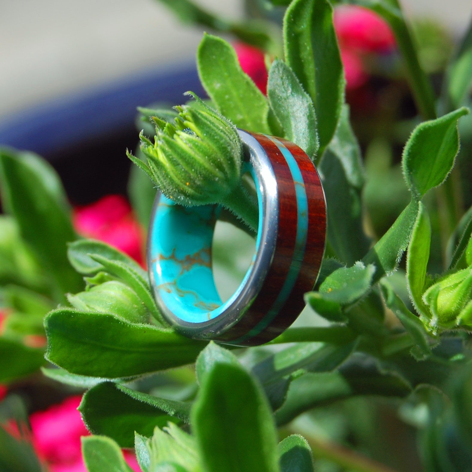 Midst Of The Waters | Men's Tibetan Turquoise, Blood Wood & Titanium Wedding Ring - Minter and Richter Designs