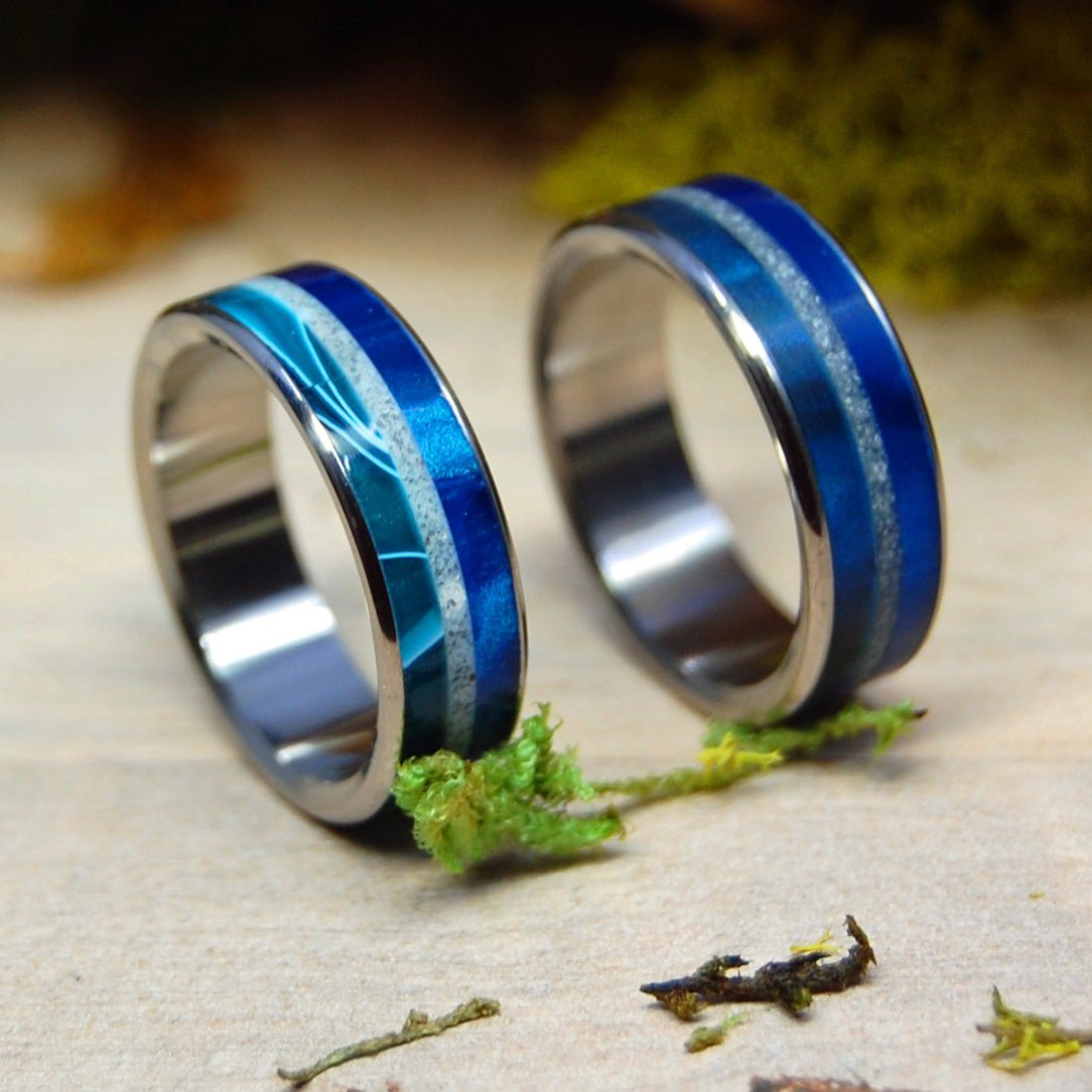 Moody Blue Aquamarine & Aquatic | Beach Sand And Marbled Opalescent - Titanium Wedding Ring Set - Minter and Richter Designs