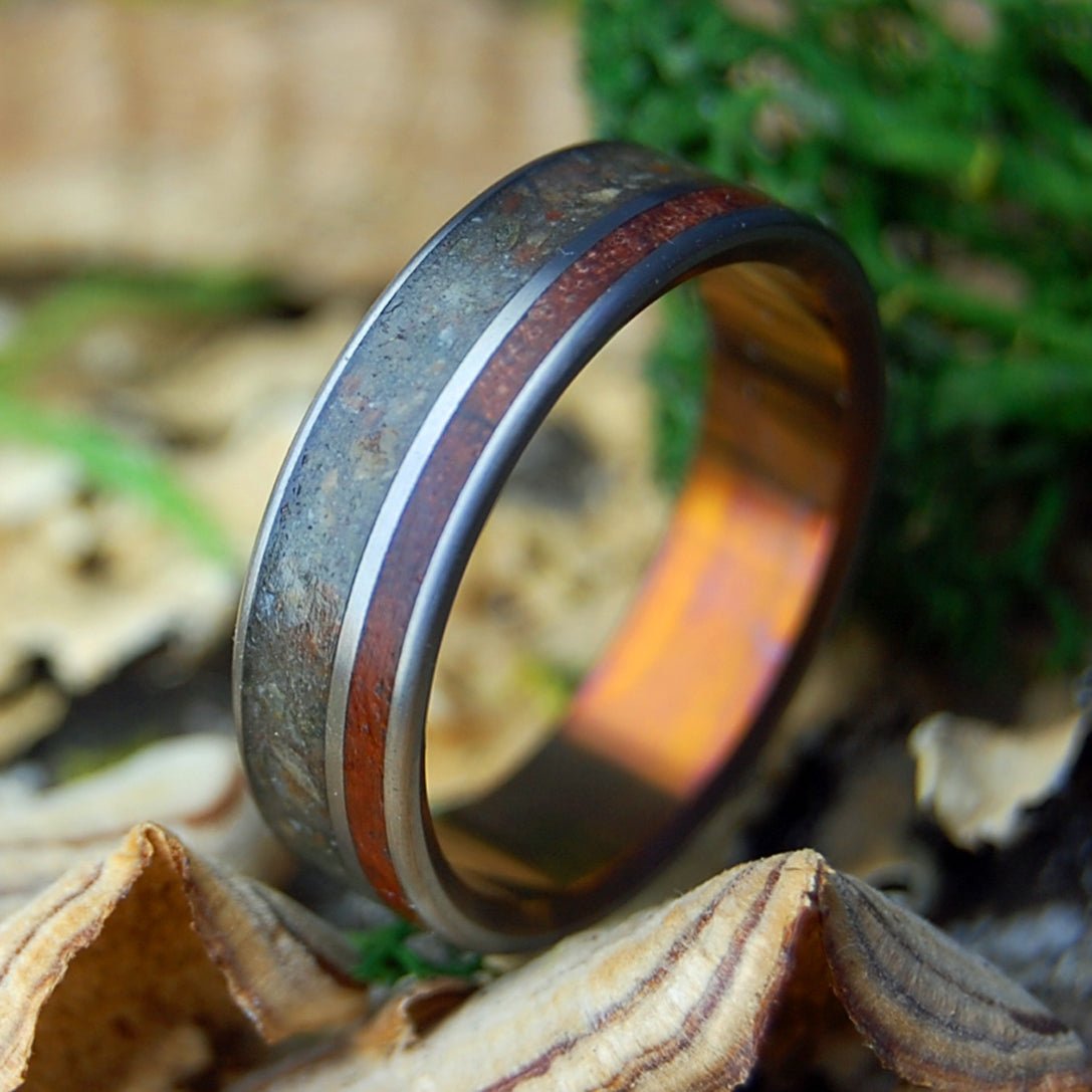 MOONSTONE CALIFORNIA REDWOOD | Men's Moonstone Beach Sand, Redwood & Titanium Wedding Ring - Minter and Richter Designs