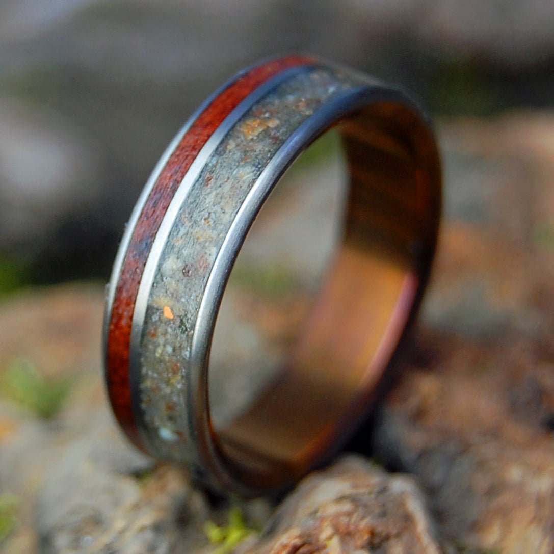 MOONSTONE CALIFORNIA REDWOOD | Men's Moonstone Beach Sand, Redwood & Titanium Wedding Ring - Minter and Richter Designs