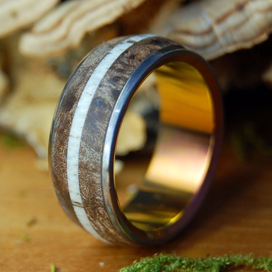 MOOSE BETWEEN TWO MAPLES AT SUNSET | Men's Antler, Dark Maple Wood & Titanium Wedding Ring - Minter and Richter Designs
