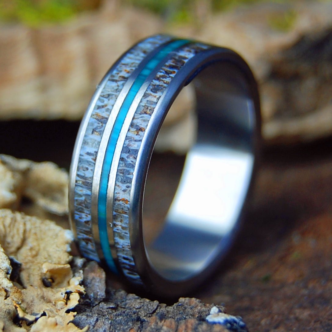 MOOSE IN GREEN LUSH | Men's Chrysocolla, Moose Antler & Titanium Wedding Ring - Minter and Richter Designs