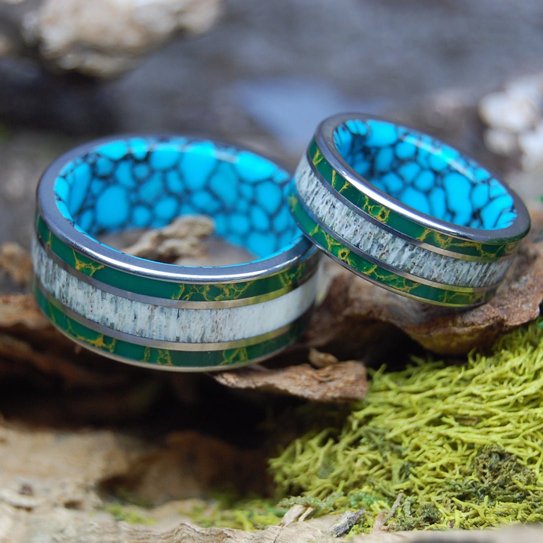 MOOSE IN MAINE GRASS SET | Moose Antler & Turquoise, Egyptian Jade - Titanium Wedding Rings Set - Minter and Richter Designs
