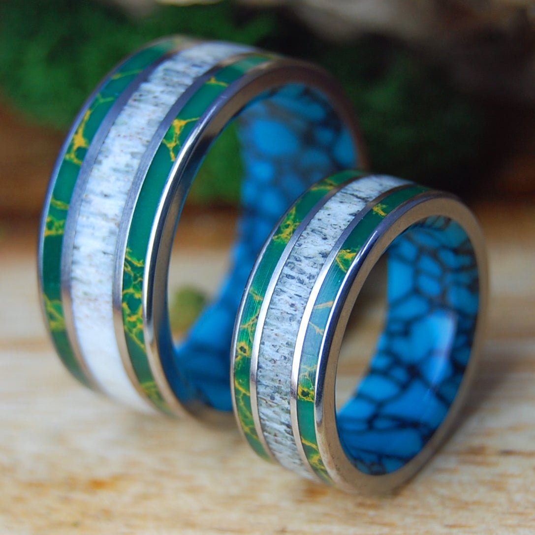MOOSE IN MAINE GRASS SET | Moose Antler & Turquoise, Egyptian Jade - Titanium Wedding Rings Set - Minter and Richter Designs