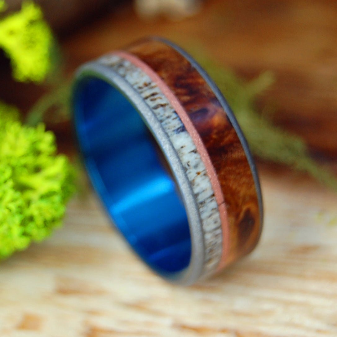 MOOSE ON COPPER HILL | Men's Moose Antler, Dark Maple, Titanium & Copper Wedding Ring - Minter and Richter Designs