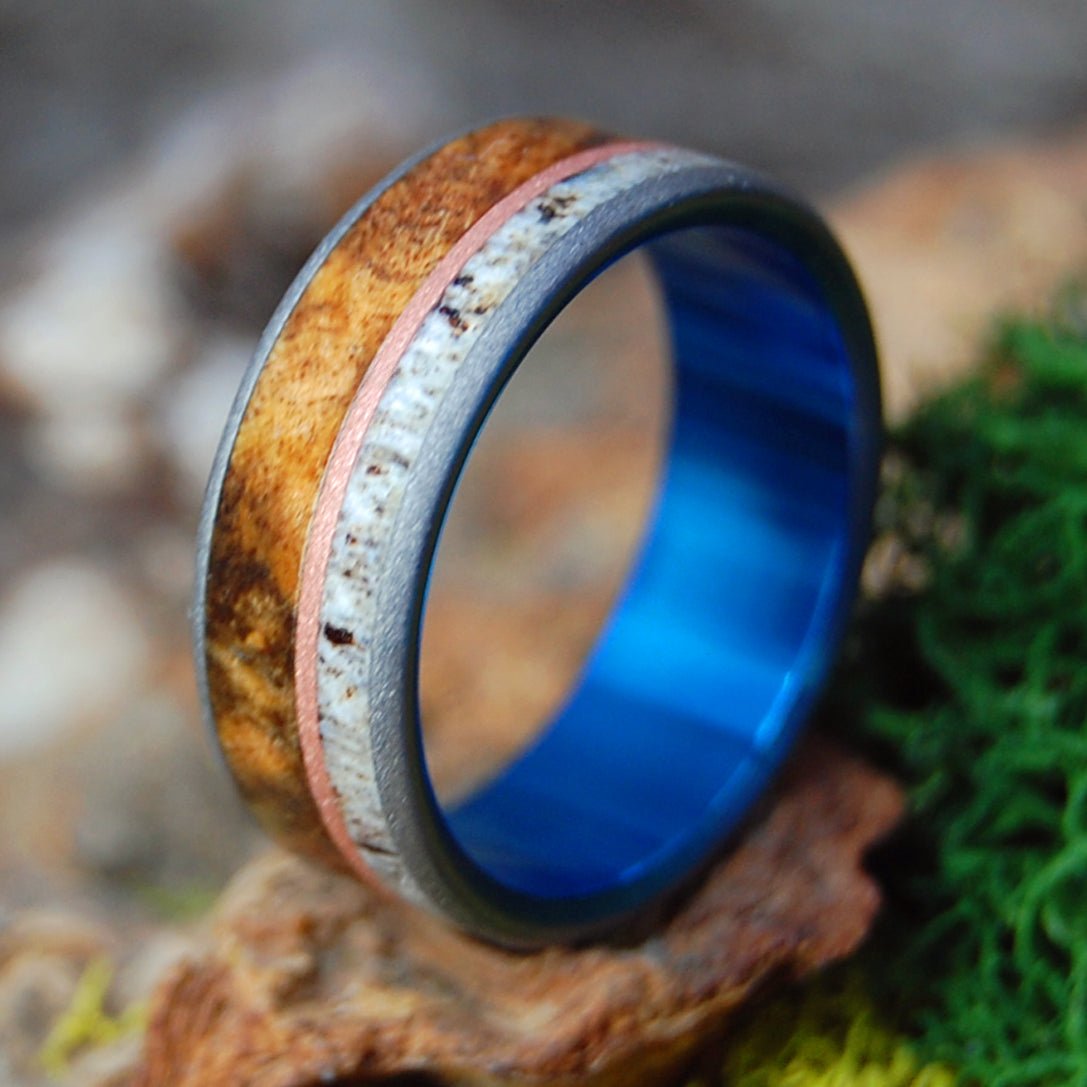 MOOSE ON COPPER HILL | Men's Moose Antler, Dark Maple, Titanium & Copper Wedding Ring - Minter and Richter Designs